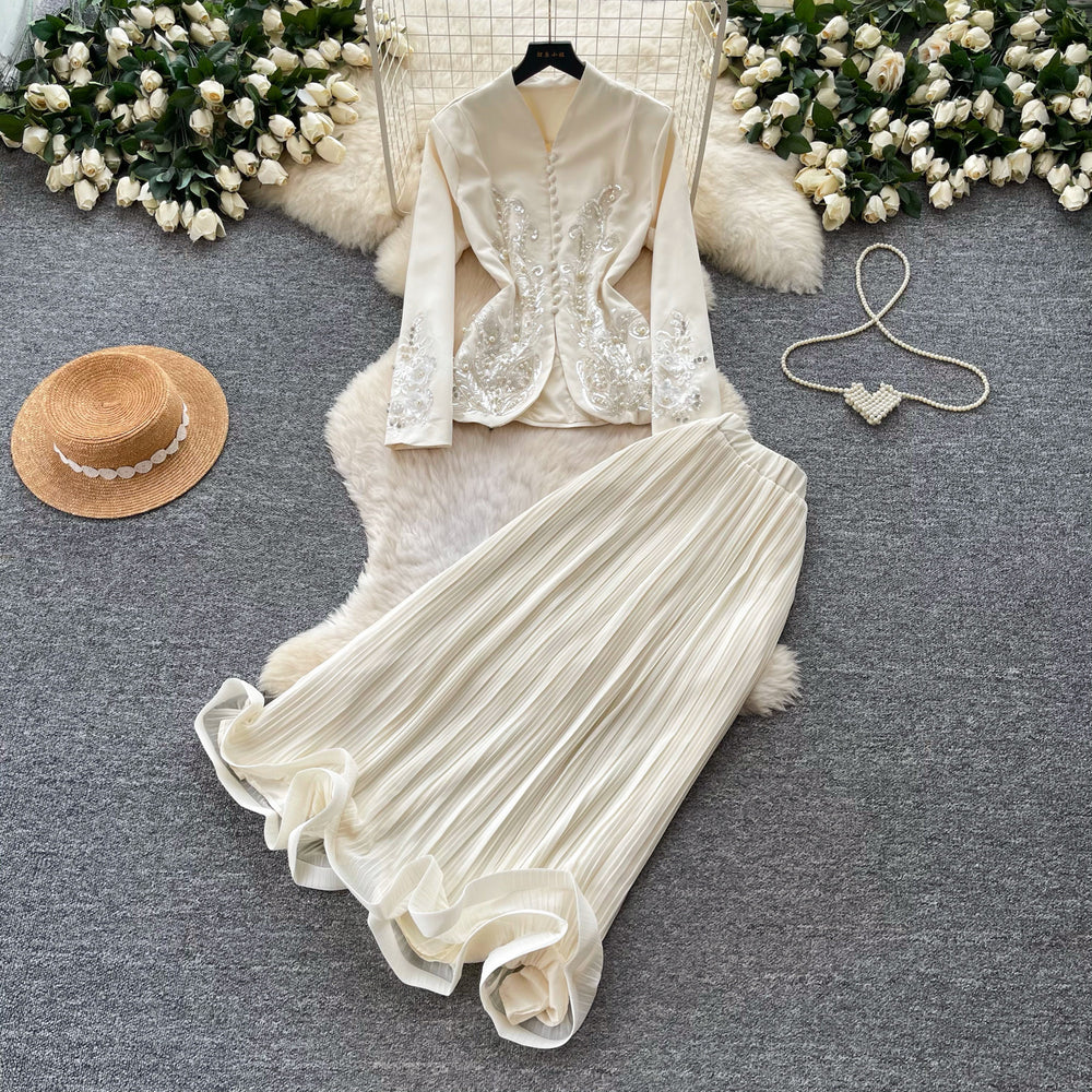 French chic v-neck embroidered jacket & high-waisted pleated skirt two-piece set - elegant & luxurious for spring/autumn