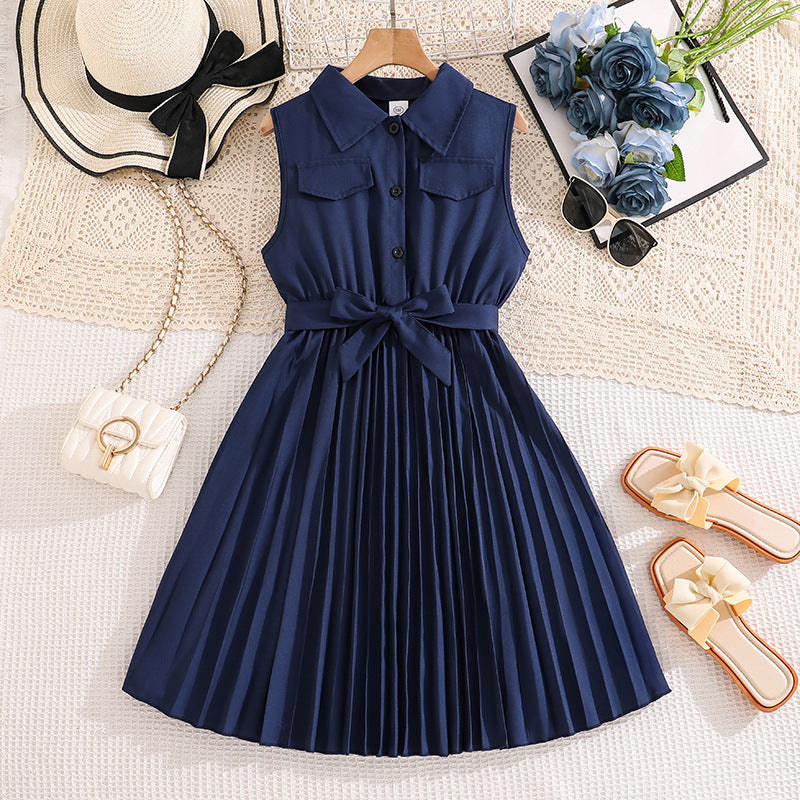 European and american style girls' dress -  spring/summer new collection - kids' elegant preppy sleeveless pleated tank dress with cinched waist