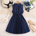 European and american style girls' dress -  spring/summer new collection - kids' elegant preppy sleeveless pleated tank dress with cinched waist