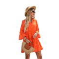 summer european and american cross-border  women's hollow-out casual loose solid color v-neck dress