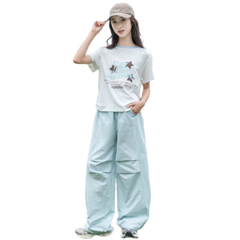 girls' short-sleeve wide-leg pant set: summer loose-fit, versatile, trendy, american-style, unique design two-piece outfit