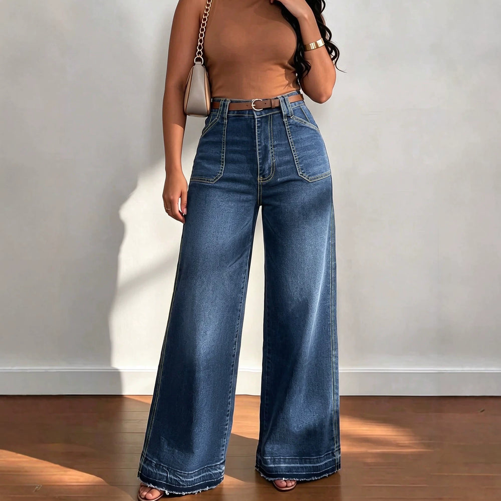 Fashionjeans women's open thread large patch pocket high waistloose pants dark blue washed raw edge trousers slimming look denim pants