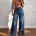 Fashionjeans women's open thread large patch pocket high waistloose pants dark blue washed raw edge trousers slimming look denim pants