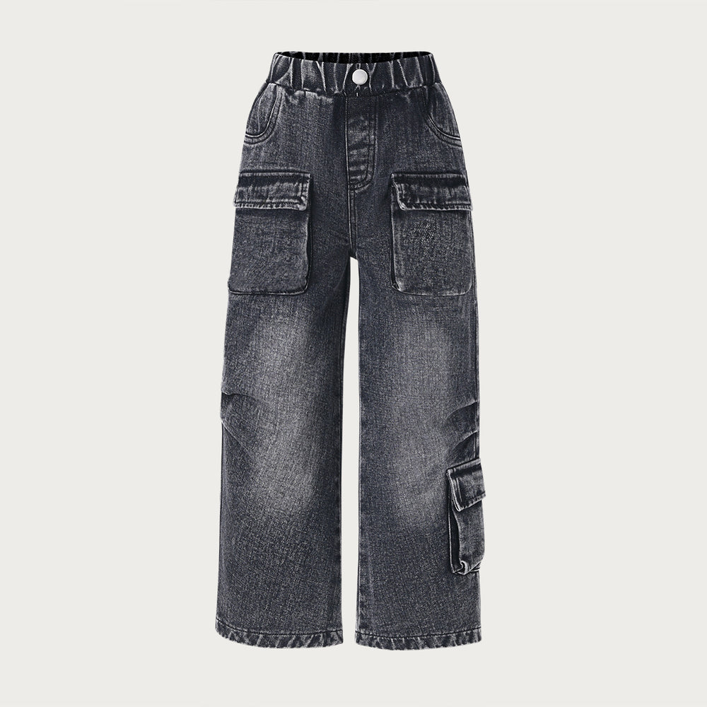 kidsloose pantsjeansk-style washed and distressed multi-flap pocket pantsretroworkwear men's and women's children's clothingstraight-leg pants