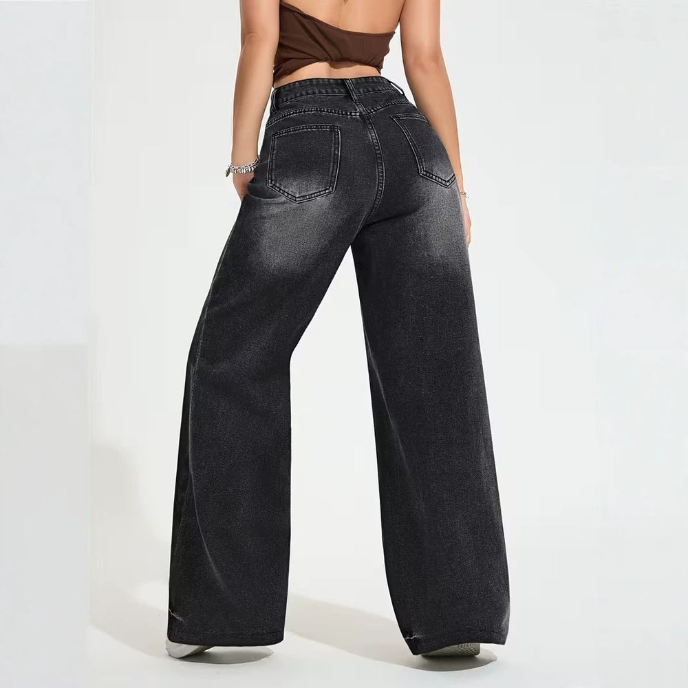 European and american heavy-duty distressed black and grey wash wide-leg jeans - women's high-waisted straight-leg streetwear hot girl style trousers