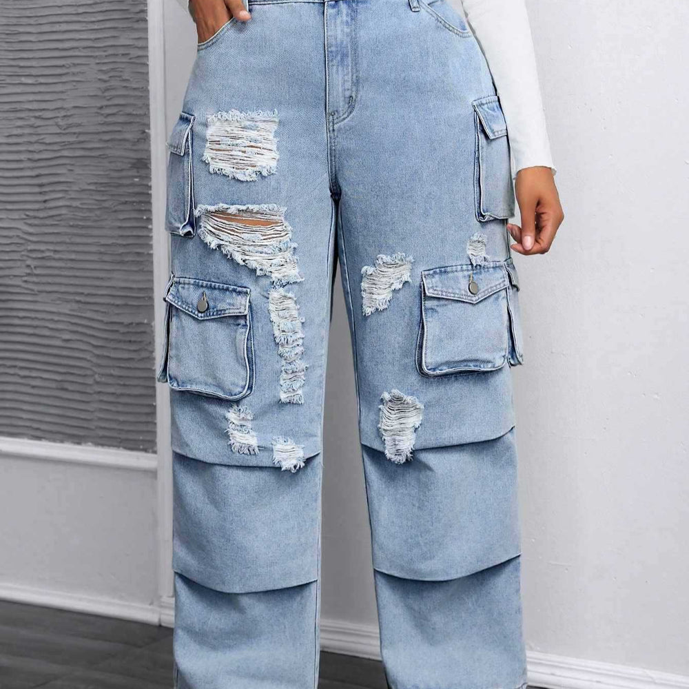 Amazon  fashionplus size women's casual loose workwear pants american high street multi-flap pocket pants jeans