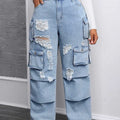 Amazon  fashionplus size women's casual loose workwear pants american high street multi-flap pocket pants jeans