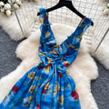 Vacation style v neck floral sleeveless dress women's summer pastoral style blue ribbon waist slimming look long skirt