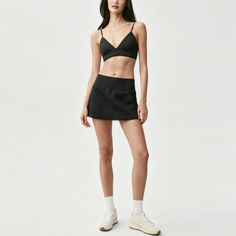 Lace-trimmed bra, lace-trimmed mini skirt, high-waisted tummy-control yoga pants, slimming camisole, running sports three-piece summer set