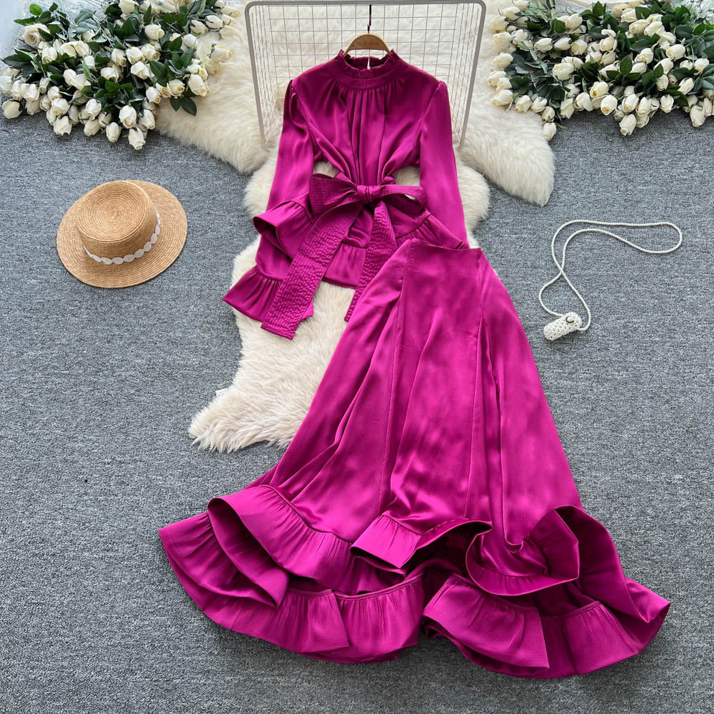 European and american fashion tie-waist long sleeve satin top and high-waisted flared ruffle skirt two-piece set for women - autumn collection
