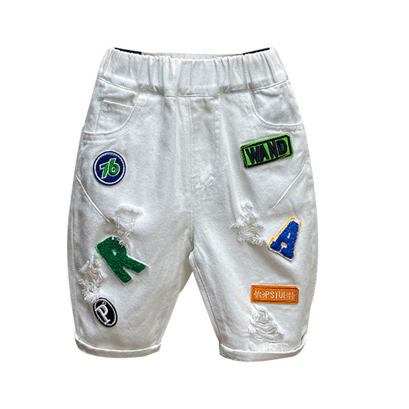 Boys' denim shorts -  summer collection: distressed, patch-label, 5-inch length, trendy & edgy, popular online style with letter print