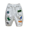 Boys' denim shorts -  summer collection: distressed, patch-label, 5-inch length, trendy & edgy, popular online style with letter print