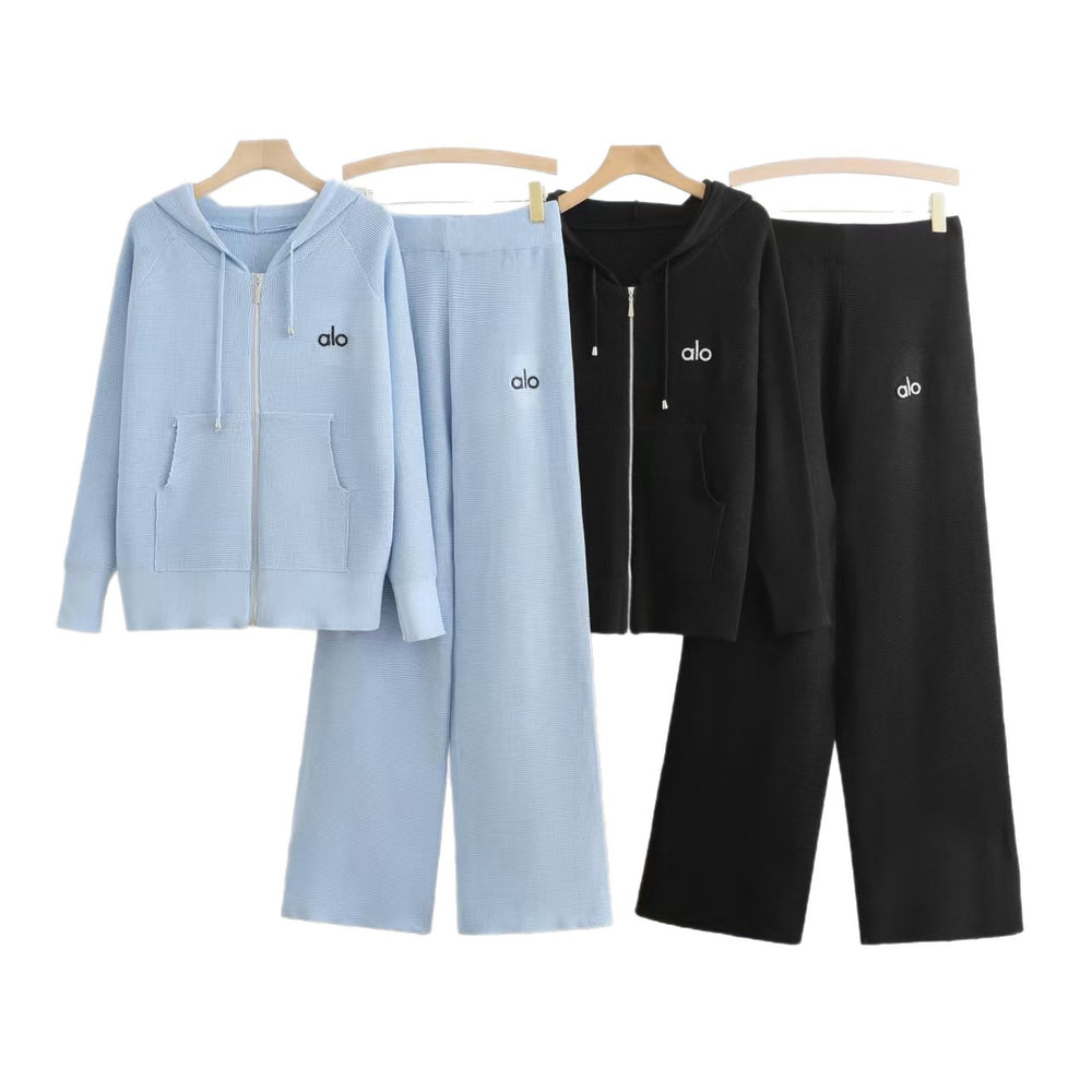 Women's fall/winter  export: hooded casual cardigan & wide-leg pants two-piece set - letter zipper knit tracksuit