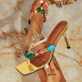 Women's gold flip-flop heeled sandals with colorful gemstone embellishments - party, evening, minimalist, elegant - cross-border amazon