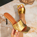 Women's fashion square toe gold heel sandals - stiletto heel slip-ons for casual wear
