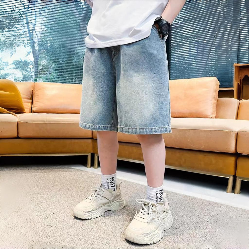 Boys' denim shorts, summer lightweight style, for older boys and teens. trendy, street-style, cool and edgy summer shorts for kids, loose fit