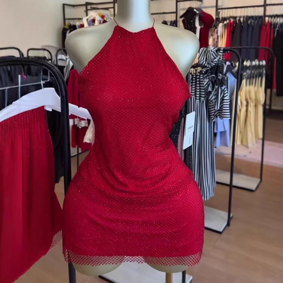 European and american cross-border women's fashion  summer new sexy sequin sleeveless backless cami top and midi skirt set