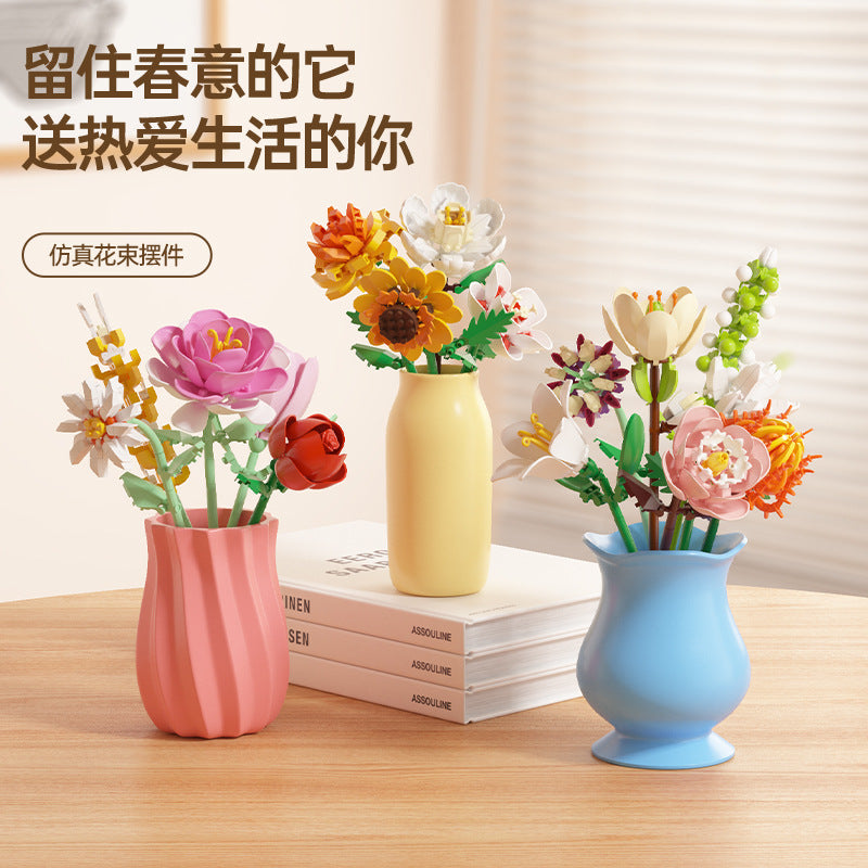 artificial bouquet single preserved flower desktop decoration toy rose flower assemble building block insert toy