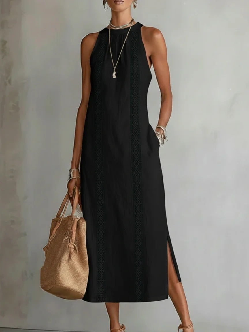 spring collection: european & american -style halter neck sleeveless dress - solid color lace trim, perfect for vacation