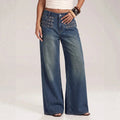 European and american style women's vintage high-waisted studded wide-leg jeans - washed, distressed, multi-row button detail, relaxed fit long pants