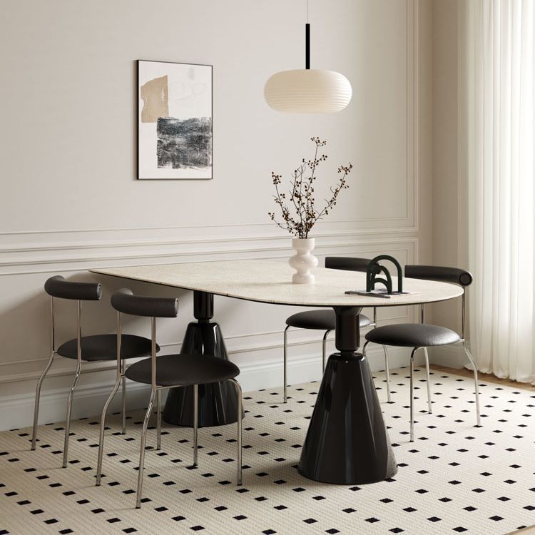 Luxury modern minimalist small apartment home oval dining table french cream style sintered stone dining table and chair set