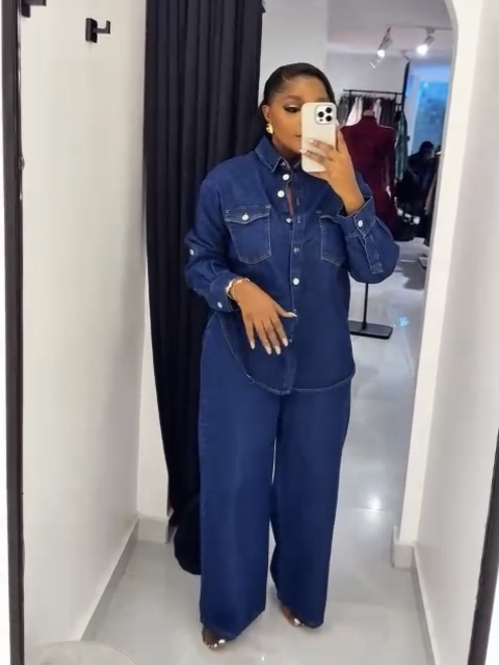 Amazon european and american clothing cross-border new arrival: fashionable retro denim cardigan long-sleeve top and straight-leg pants set
