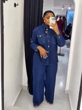 Amazon european and american clothing cross-border new arrival: fashionable retro denim cardigan long-sleeve top and straight-leg pants set