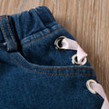 newborn children's wear: european and american style solid color bowknot bandeau top and tie-waist denim shorts two-piece set