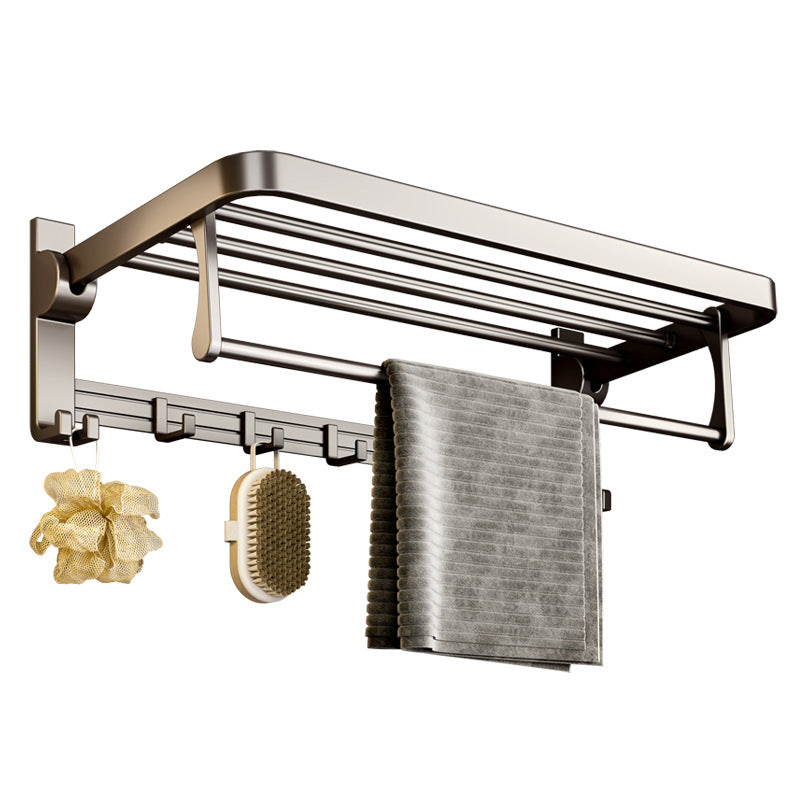Gunmetal towel rack, foldable bath towel holder, no-drill bathroom toilet storage shelf, wall-mounted organizer