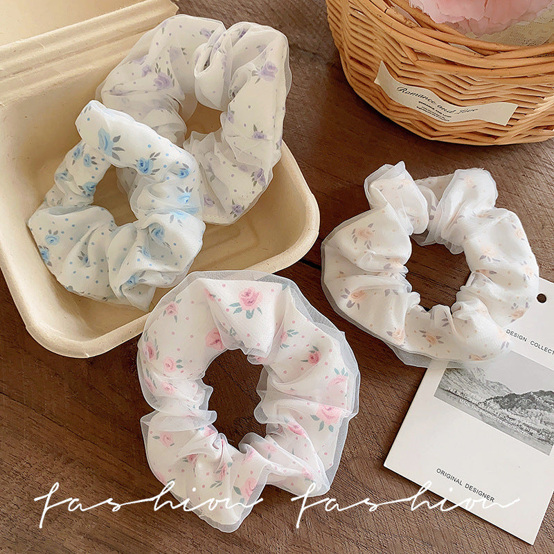 French retro floral lace pig intestine ring women's korean rubber band head flower hair ring headband hair accessories 2026 new style