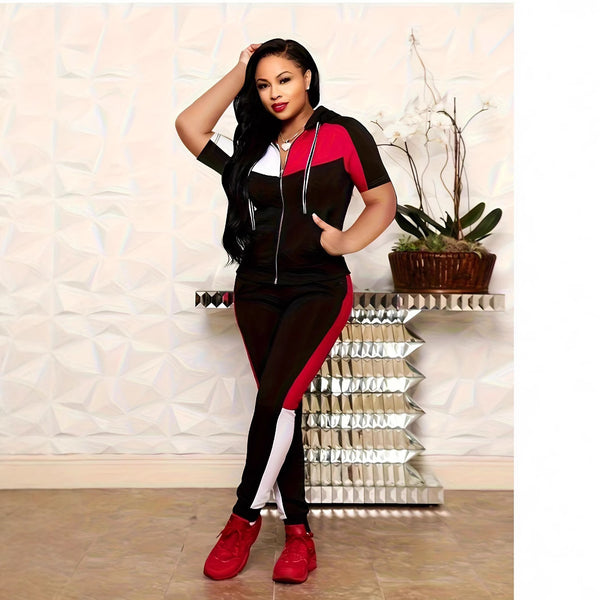 Y5268 European and American women's clothing, fashionable and casual color pants, zipper short-sleeved drawstring hooded top two-piece set