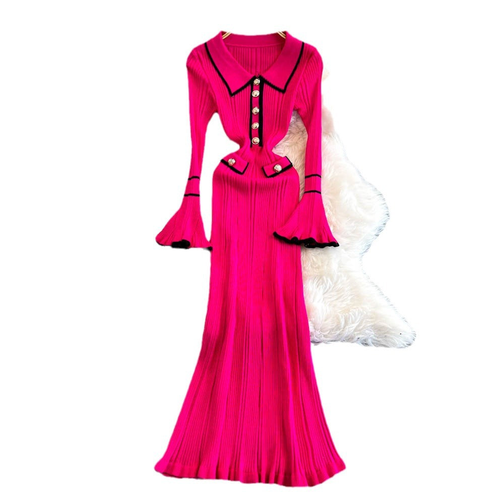 winternew arrivalpolo collar small fragrant style knittingdress women's long sleevesfashionelegant waist sweater skirt