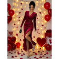 Women's autumn/winter new arrival: elegant commute v-neck shirred waist side slit lace velvet solid color dress