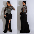 C6825 cross-border   fashion women's solid color mesh rhinestone slit maxi dress