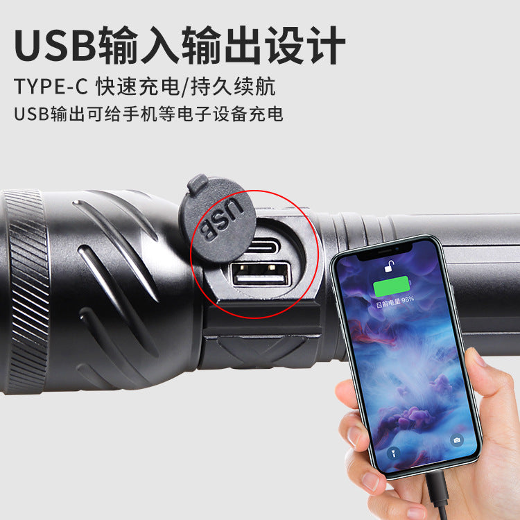 Cross-border new white laser USB charging long-range telescopic zoom LED strong light outdoor home super bright flashlight