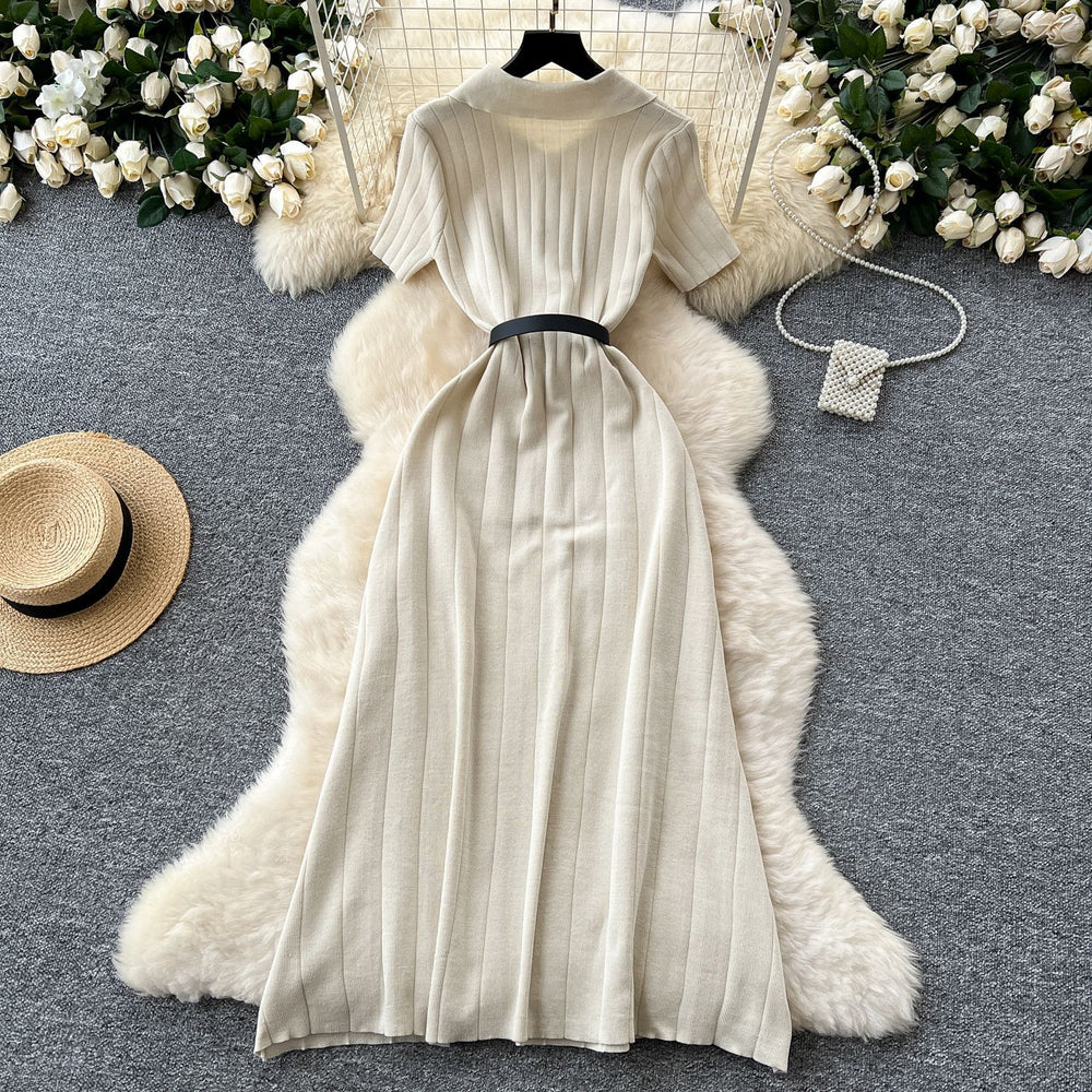 Frenchretropolo collar short-sleeved button cardiganknittingdress women's waist slimming look inner sweater skirt long skirt