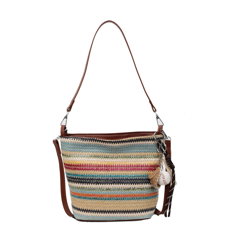 New arrival bucket bag niche style woven bag stripes shoulder bag trendy armpit bag fashion straw bag satchel crossbody bag