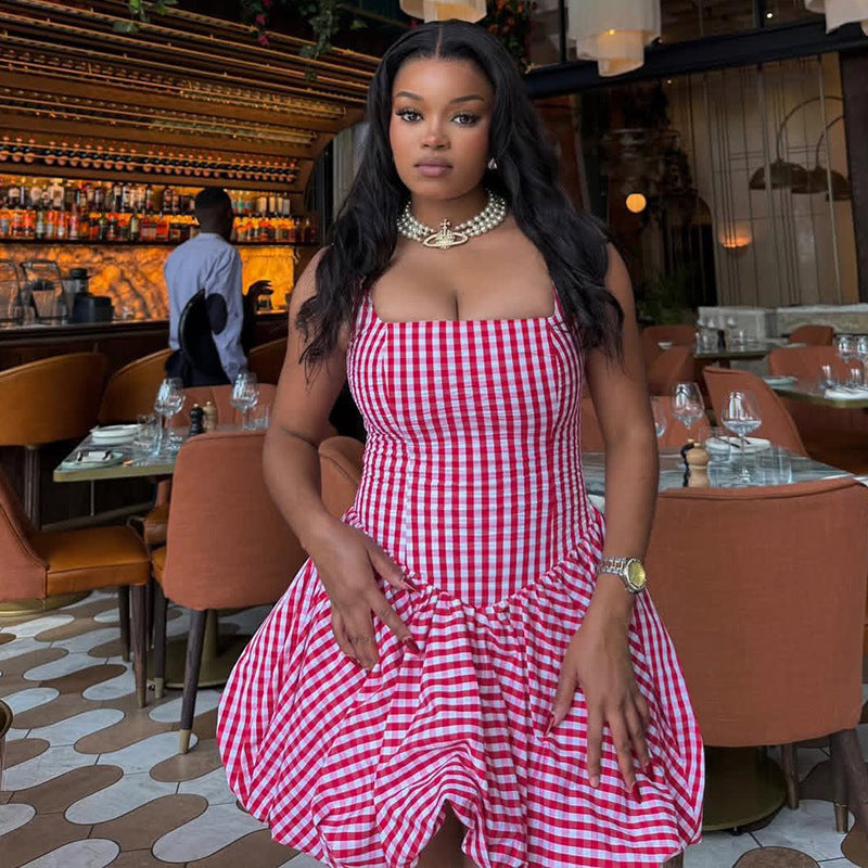 European and american style ins cross-border stripesprinting women's waist slimming look a-line skirt suspender tube topwork clothingsweetdress