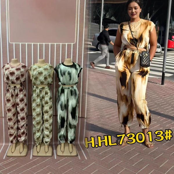 New  women's clothing, fashionable and popular thread-printed round neck short-sleeved leggings casual suit 73013 #in stock