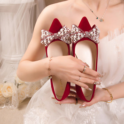 Chinese xiuhe wedding shoes for women 2024 new arrival wedding dress shoes thick heel non-tiring red engagement shoes bridal shoes