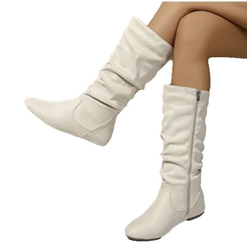 Export cross-border pleated boots autumnew arrivalretro style flats suede plaidretro boots for women