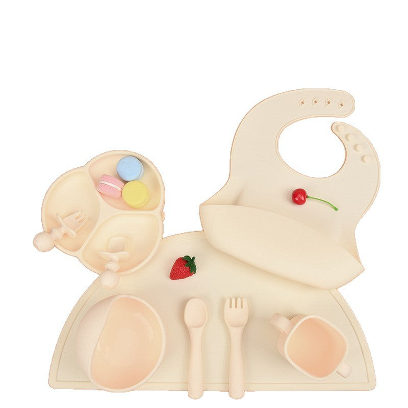 Children's silicone tableware set, complementary food bowl, baby learning to eat, fork, spoon, saliva pocket, strong suction, anti-drop tableware set