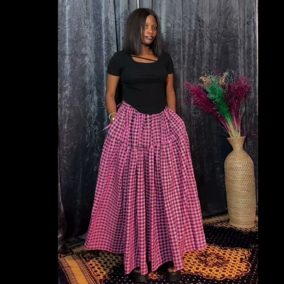 European and american cross-border women's fashion:  summer new arrivals - high-waisted, slimming, plaid, long, a-line midi skirt