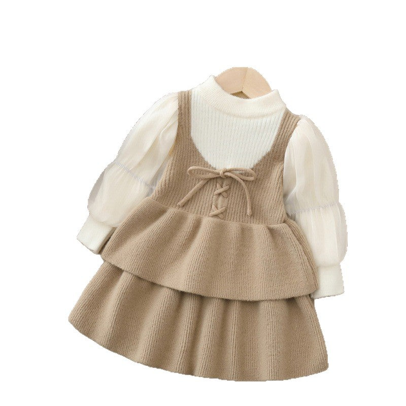 Kidssweaterdress tweed styleknitting long skirtfall and winternew arrivalgirlsweater skirtsuit