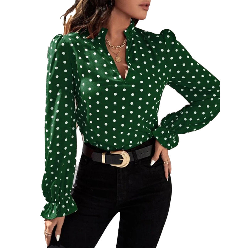 Cross-border 2025 fashion trend  independent station printed pullover short polka dot long-sleeved top European and American women's clothing