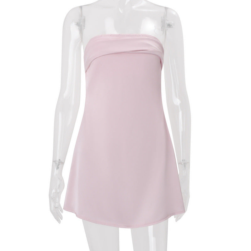 European and american cross-border women's spring  new arrival: off-the-shoulder bandeau backless solid color satin chic sexy dress