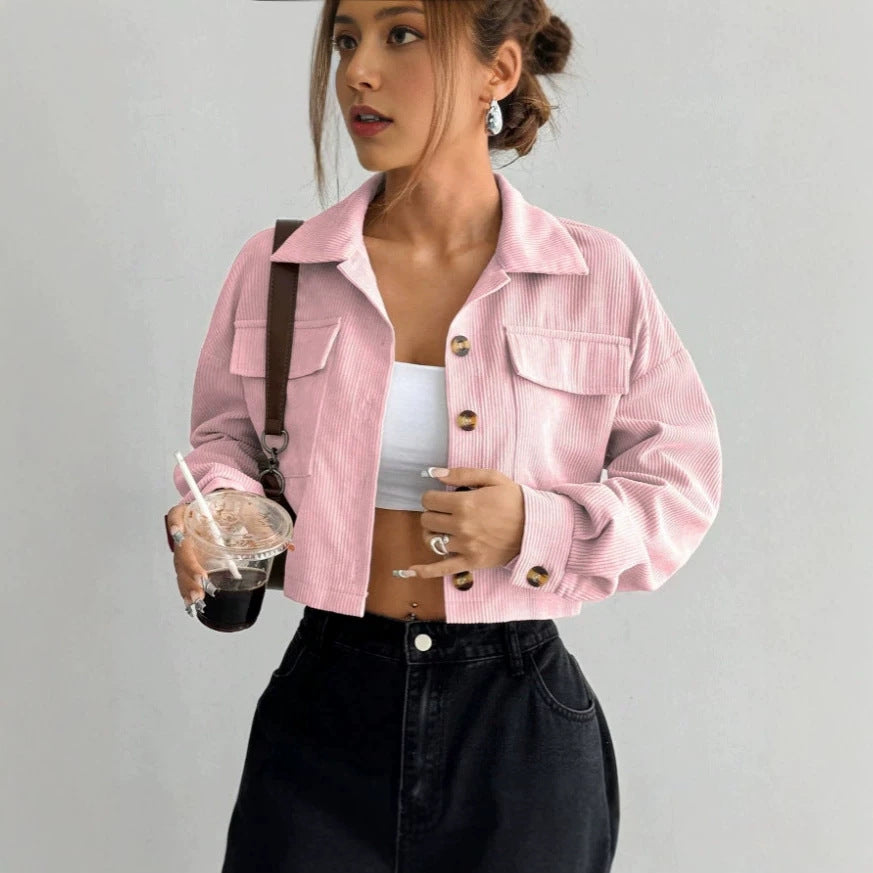 women's long-sleeve solid color cropped jacket - trendy cropped fashion collar casual short coat - european and american style