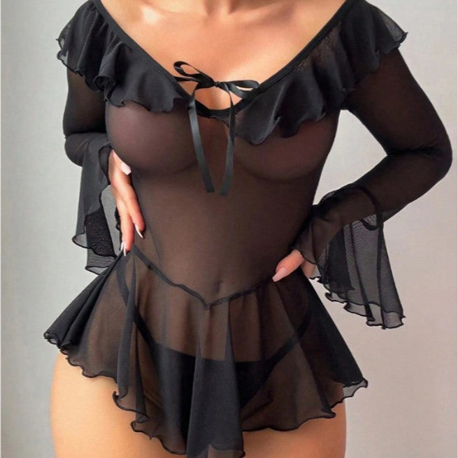 New arrival cross-border fashionsexy see-through mesh dress one shoulder pure desire bell sleeve sexy intimates