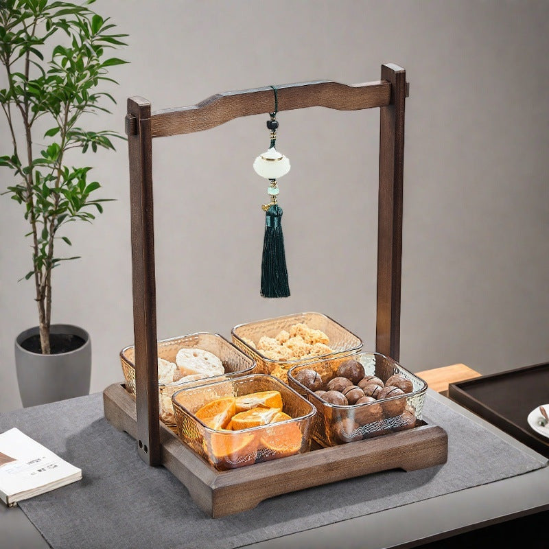 Luxury walnut wood-effect fruit & snack platter - home use, divided compartments, creative dried fruit dish, dessert glass bowl & fruit plate