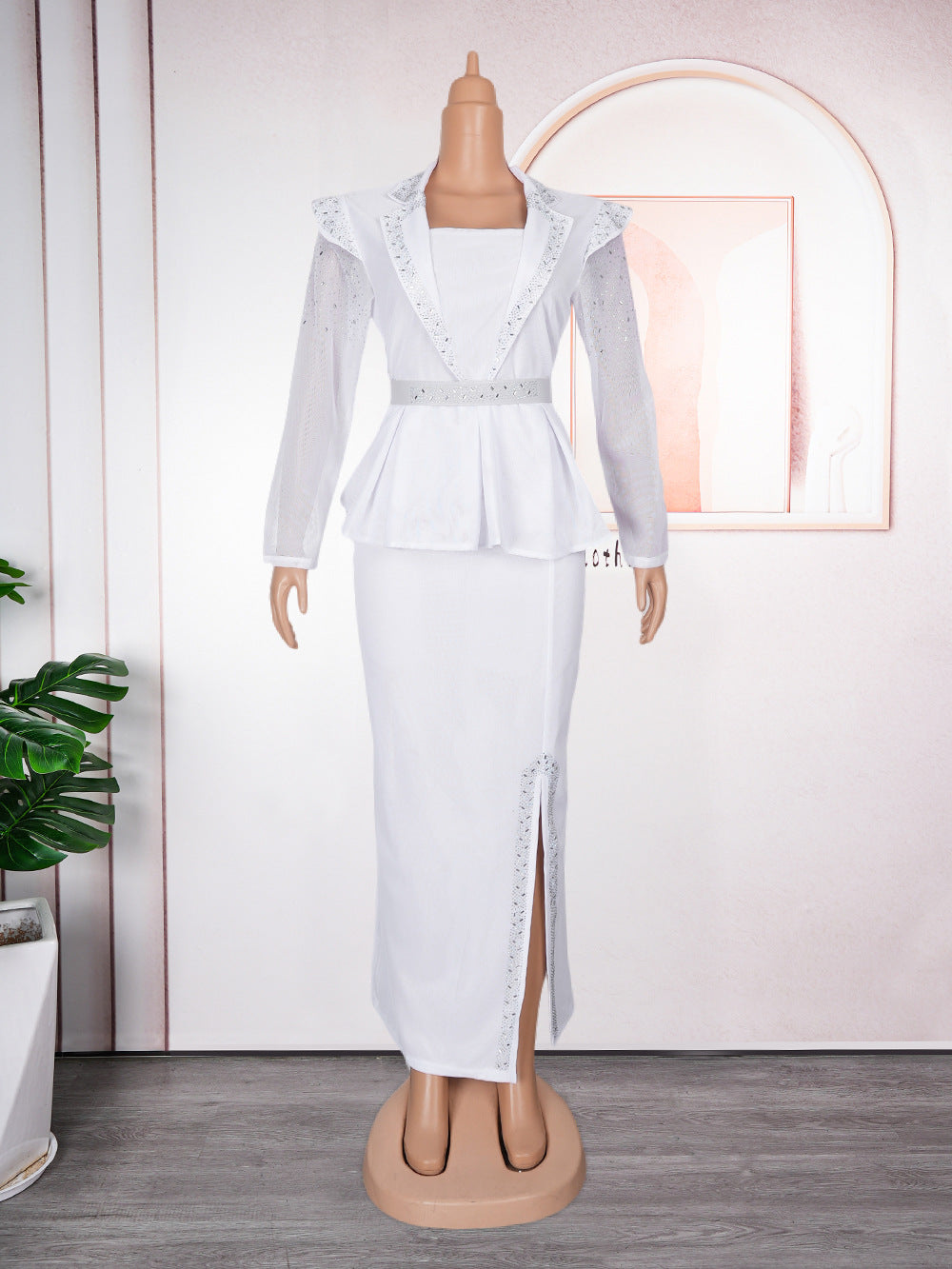 Fashion cross-border foreign trade mesh hot diamond elegant professional women's clothing plus size  african fake two-piece set dress